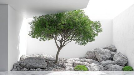 Obraz premium A solitary tree stands in an abstract white room, its green foliage contrasting against the surrounding gray rocks.