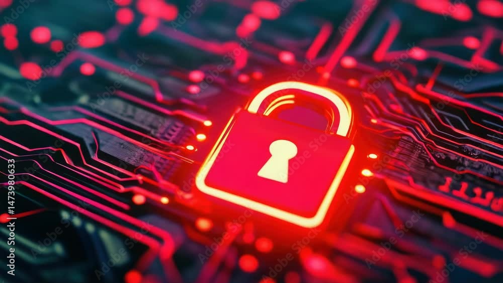 Poster a red padlock sits atop a circuit board, highlighting security and technology