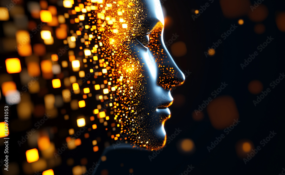 Poster digital human face dissolving into glowing golden data blocks against a dark futuristic background.