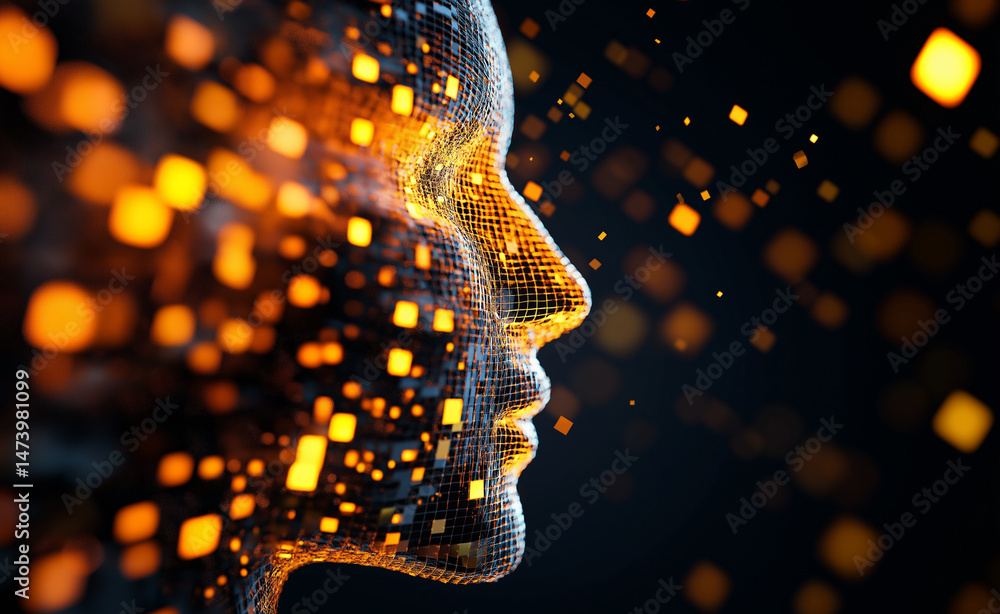 Poster digital human face profile dissolving into glowing orange and blue data blocks on a dark background.