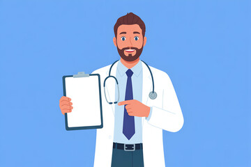 Male doctor with clipboard, pointing, light blue background.