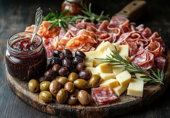 Delicious assortment of cured meats, cheeses, olives, and preserves arranged on a wooden platter for a gourmet charcuterie experience