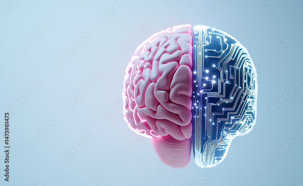 Poster half human brain and half digital circuit brain symbolizing the fusion of biology and artificial int