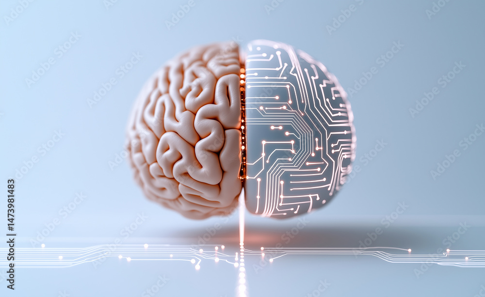 Poster half human brain and half digital circuit brain symbolizing the fusion of biology and artificial int