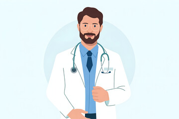 Male doctor with glasses, teal stethoscope, blue circular background.