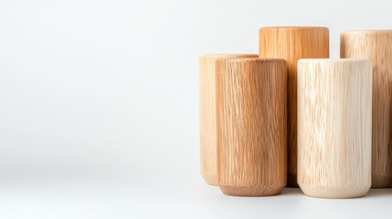 Minimalist image of wooden cups in various shades, showcasing natural textures and colors, perfect for modern decor