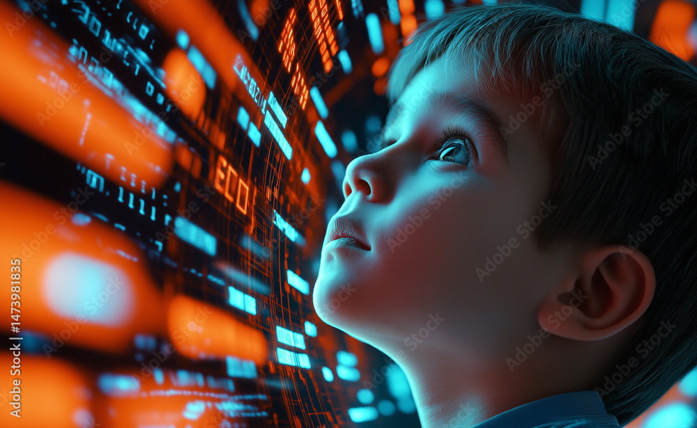 Poster curious child gazing at glowing streams of digital code in a futuristic, high-tech environment.