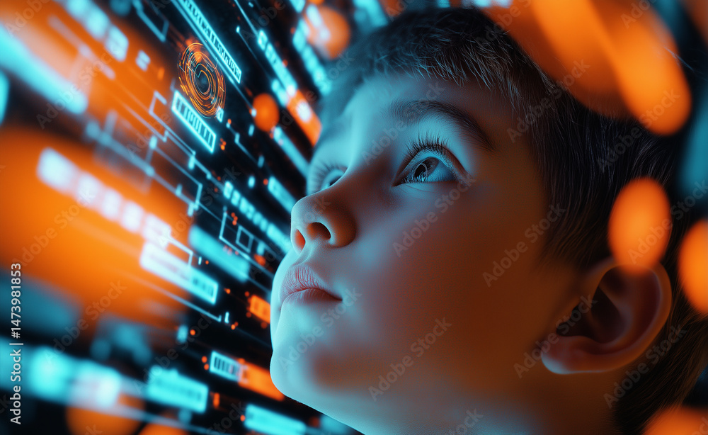Poster curious child gazing at glowing streams of digital code in a futuristic, high-tech environment.