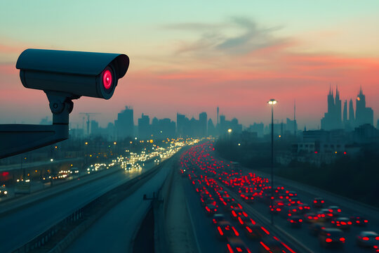 Traffic surveillance camera monitoring busy highway during sunset in modern city, capturing vehicle flow and ensuring safety, security, law enforcement, and urban traffic control

