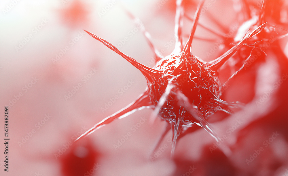 Poster highly detailed red-toned close-up of a neuron cell with sharp dendritic structures in a scientific 