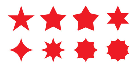 Star, sparkle, shine and circle template set vector shapes in eight different styles for design elements.