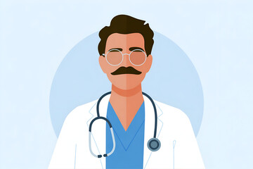 Male doctor with mustache, stethoscope, light blue circular background.