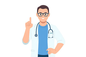 Male healthcare professional pointing, stethoscope, white background.