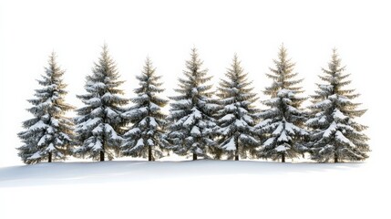 Fototapeta premium Snowy Evergreen Trees on White Background in Winter Landscape
