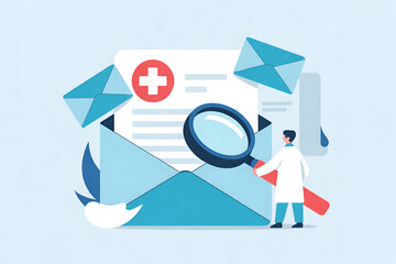 Healthcare email concept with envelope, magnifying glass, blue background.