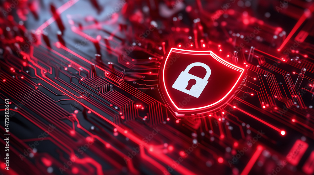 Poster glowing red padlock shield icon on a digital circuit board representing cybersecurity and data prote