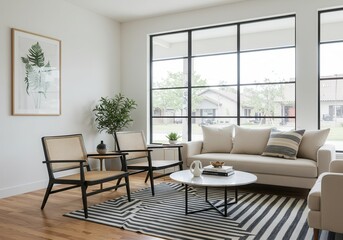 Fototapeta premium Bright living room with modern furniture and large windows overlooking neighborhood