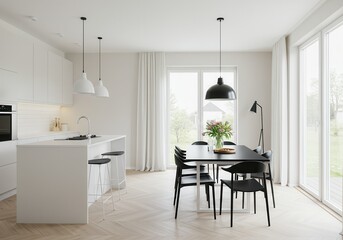 Bright modern kitchen interior with black dining table and white island