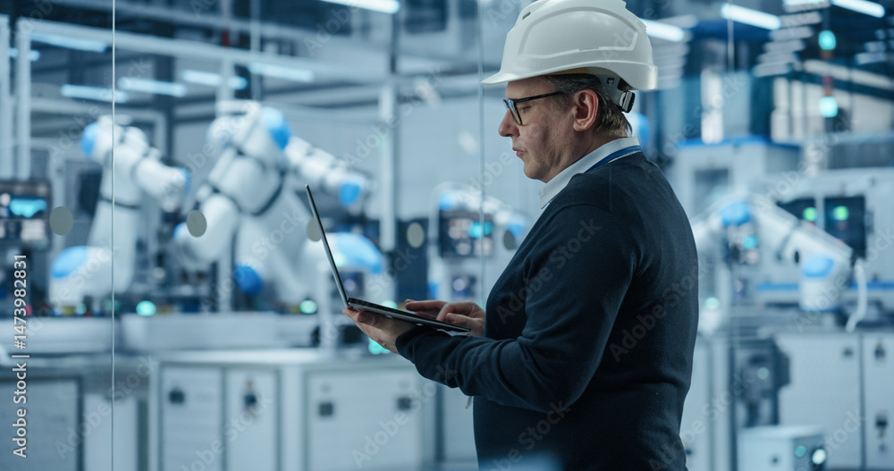 Poster Caucasian Male Engineer in a Hard Hat Using a Laptop Computer to Monitor Robotic Arms in an Advanced Industrial Factory. Specialist Overlooking Modern Automated Electronics Manufacturing
