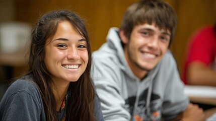 Fototapeta premium Two students sharing a joyful moment, embodying friendship and youthful energy