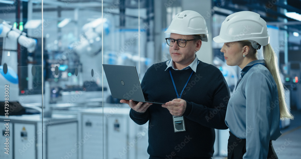 Poster system administrator and technician working at a manufacturing plant. male specialist programming th