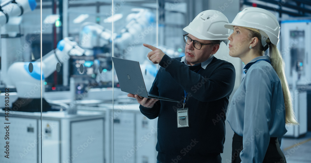 Fototapete Factory Employees Using Laptop and Having a Conversation on a Production Floor. Robotic Arms Automate Circuit Board Assembly Inside a Smart IoT Factory. Automatic Conveyor is Powered by an AI Software