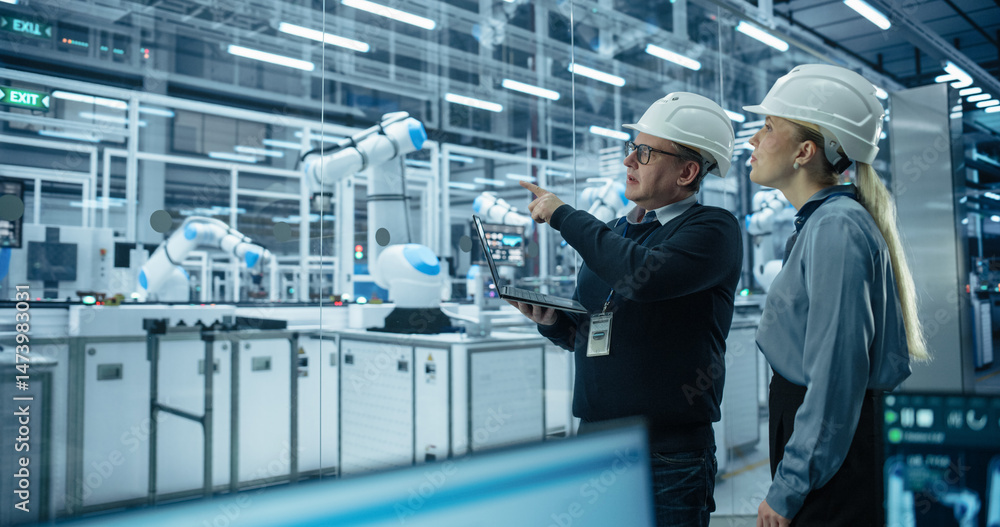 Leinwandbilder male engineer and female project manager standing next to an assembly line, talking, using laptop an