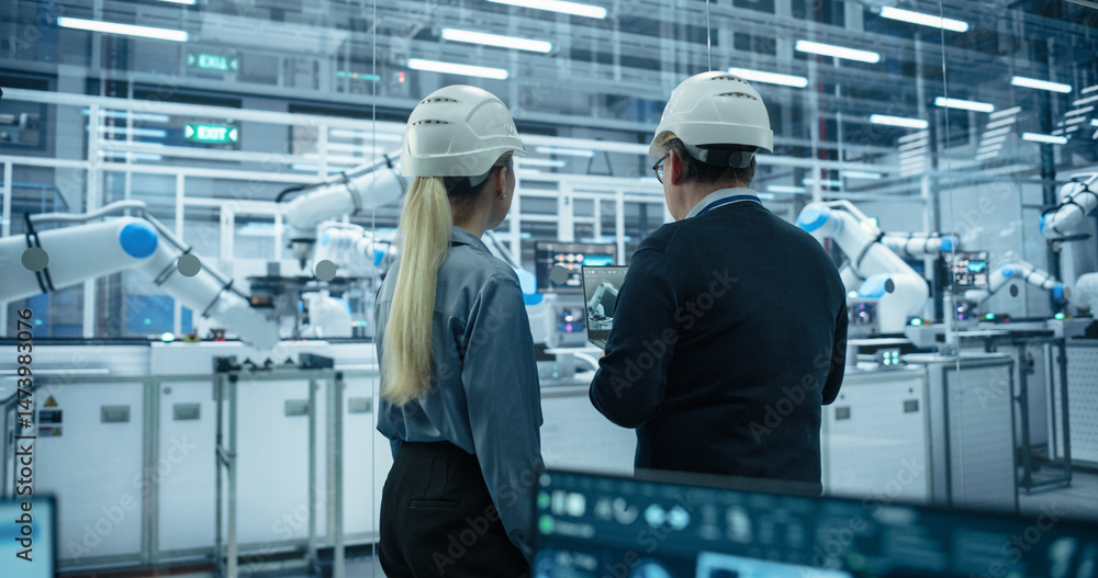 Poster Manufacturing Robot Administrators Programming Work Systems to Execute Production at an Electronics Factory. Back View Footage of a Male and Female Supervising Assembly with a Laptop Computer