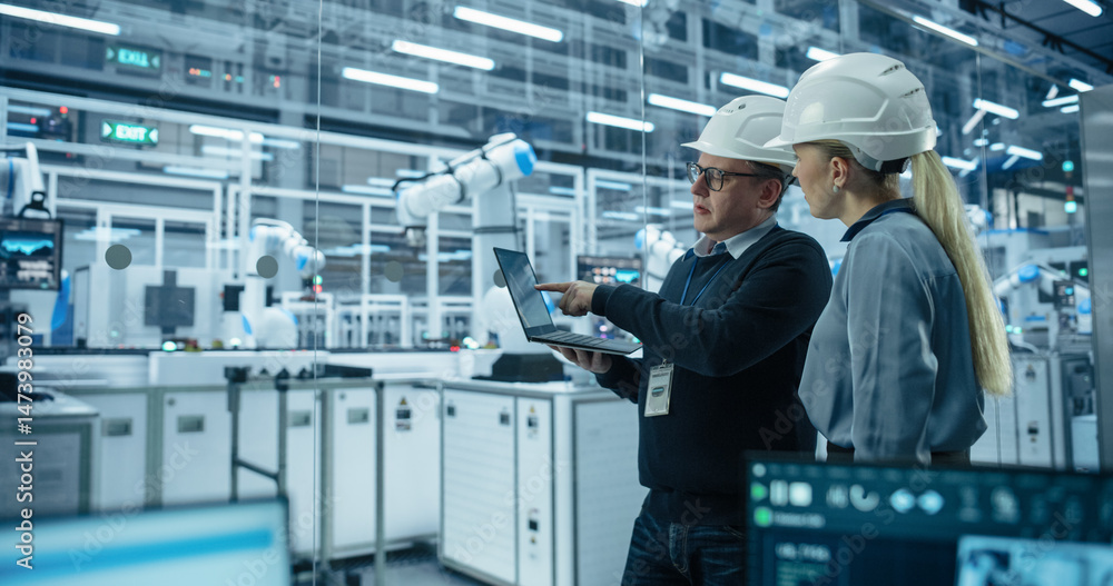 Aufkleber Female and Male Industrial Engineers Monitoring and Analyzing Conditions at a Modern Tech Electronics Factory with Automated Robot Arms Working with the Help of Artificial Intelligence Software