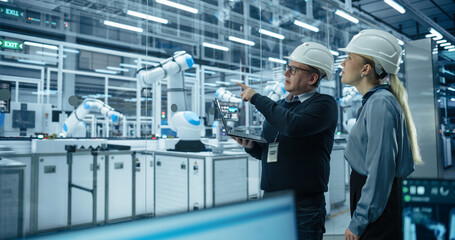Male Engineer and Female Project Manager Standing Next to an Assembly Line, Talking, Using Laptop...