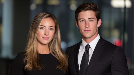 Two young professionals in formal attire, confident and poised, embodying modern corporate success.