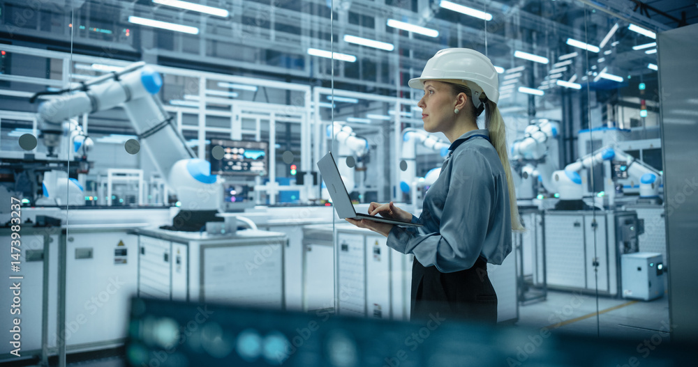 Aufkleber Industrial Systems Administrator Working on Laptop Computer at a Modern Manufacturing Plant. Female Developer Programming the Work of the Robotic Arms, Monitoring Production on the Assembly Conveyor