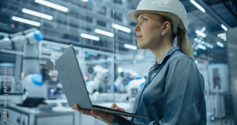 Poster Computer Monitors Display Robotic Operations and Data Analytics. Female Engineer in a Hard Hat Working in an Industrial Facility, Using Laptop Computer to Monitor Robotic Arms in a Futuristic Factory