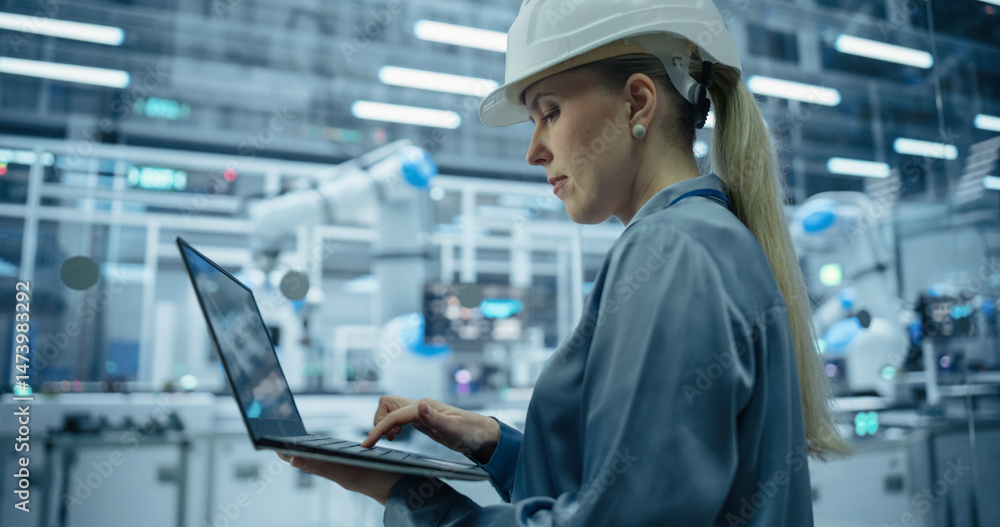 Poster Industrial Systems Administrator Working on Laptop Computer at a Modern Manufacturing Plant. Female Developer Programming the Work of the Robotic Arms, Monitoring Production on the Assembly Conveyor