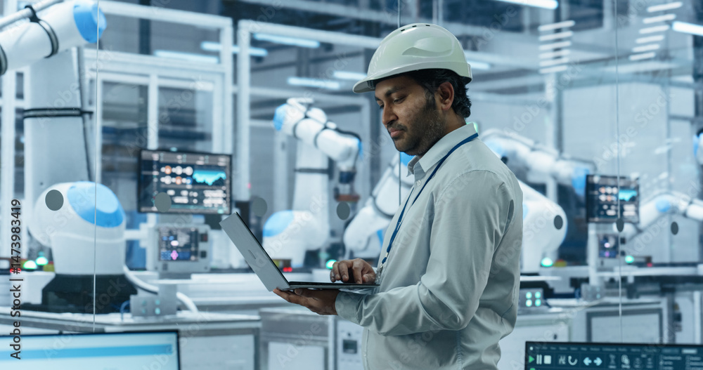 Poster Indian Male Engineer in a Hard Hat Using a Laptop Computer to Monitor Robotic Arms in an Advanced Industrial Factory. South Asian Specialist Overlooking Modern Automated Electronics Manufacturing