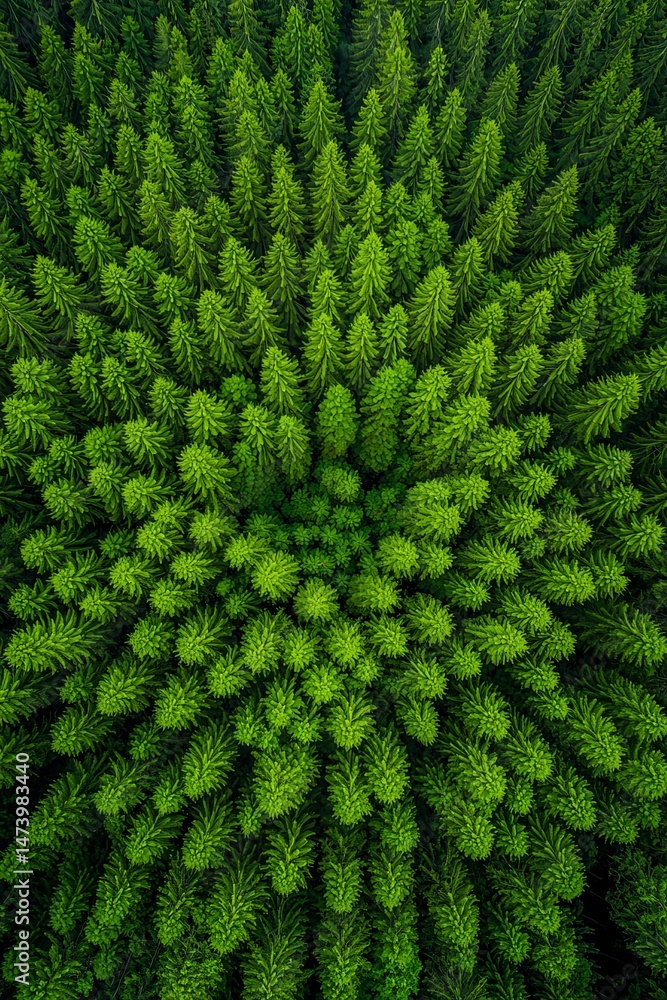 Poster aerial view of a dense forest of evergreen trees. rain tree with oxygen concept.