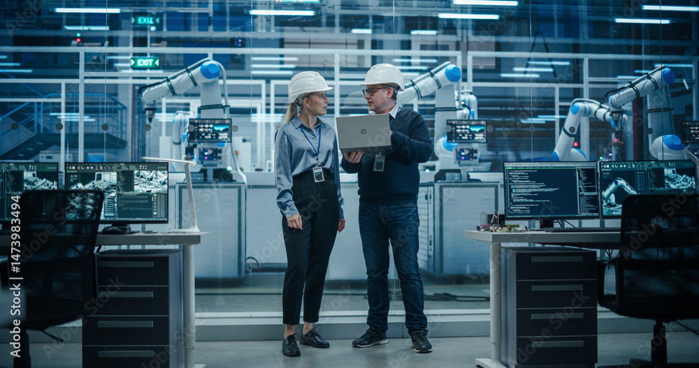 Poster Female and Male Industrial Engineers Monitoring and Analyzing Conditions at a Modern Tech Electronics Factory with Automated Robot Arms Working with the Help of Artificial Intelligence Software