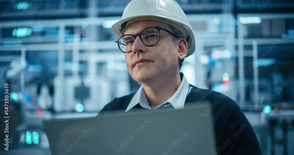 Poster industrial systems manager working on laptop computer at a modern manufacturing plant. caucasian tec