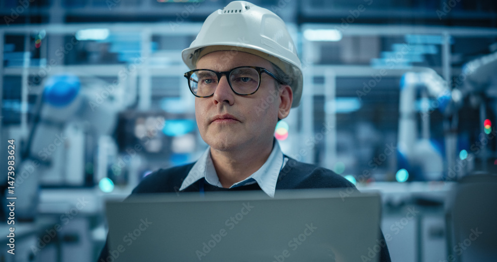 Poster adult caucasian engineer in a hard hat working in a modern industrial facility, using laptop compute