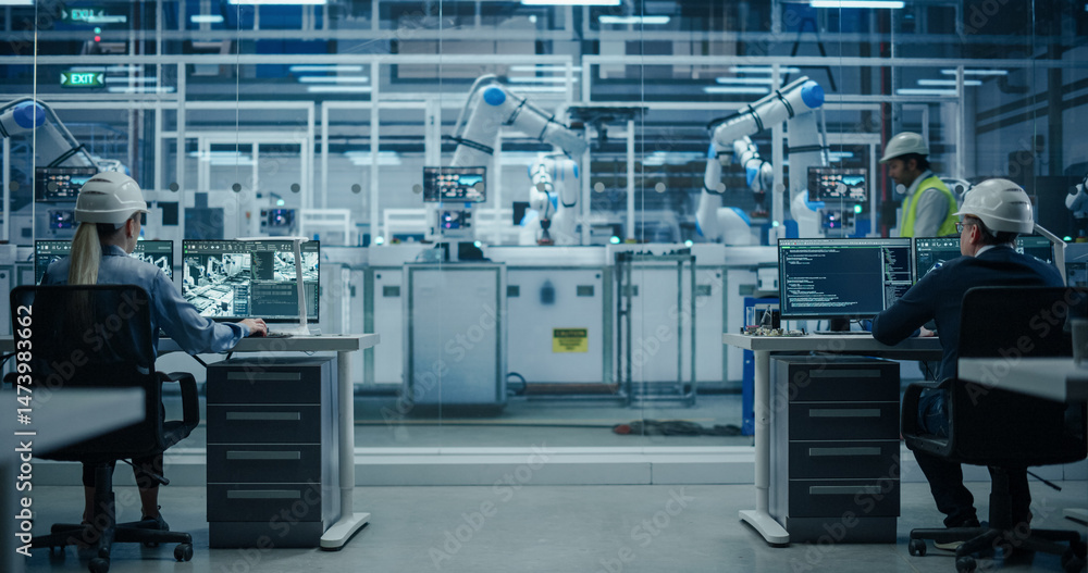 Fototapete Establishing Shot at an Electronics Factory with Robotic Arms. Diverse Engineers and Developers Working on Desktop Computers