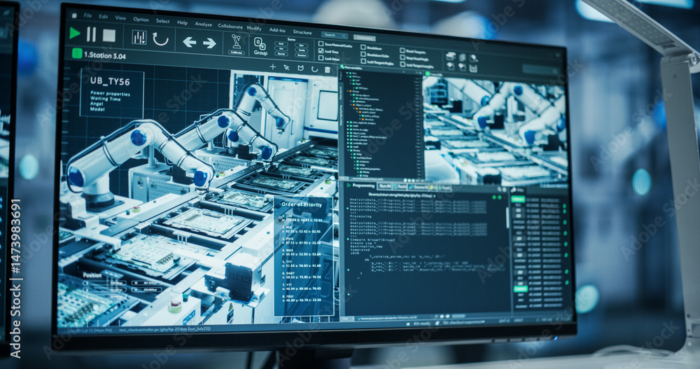 Fototapete Computer Screen Displaying Robotic Operations and Data Analytics for Insutrial Engineers in a Futuristic Factory