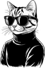 Cat in a sweater, A stylish cat with sunglasses wearing a turtleneck sweater