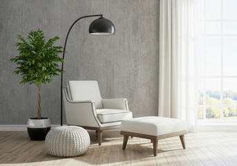 Armchair with ottoman and floor lamp in a modern living room interior