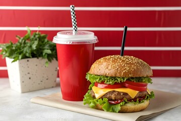 Delicious burger and soda drink with lettuce tomato and cheese meal deal