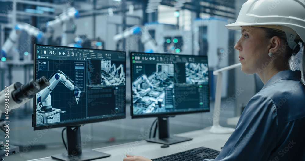 Poster Female Industrial Engineer Working Behind a Desk in a Modern Manufacturing Facility with Automated Robotic Arms. Specialist Monitoring Circuit Board Assembly Line and Optimizing Production Output