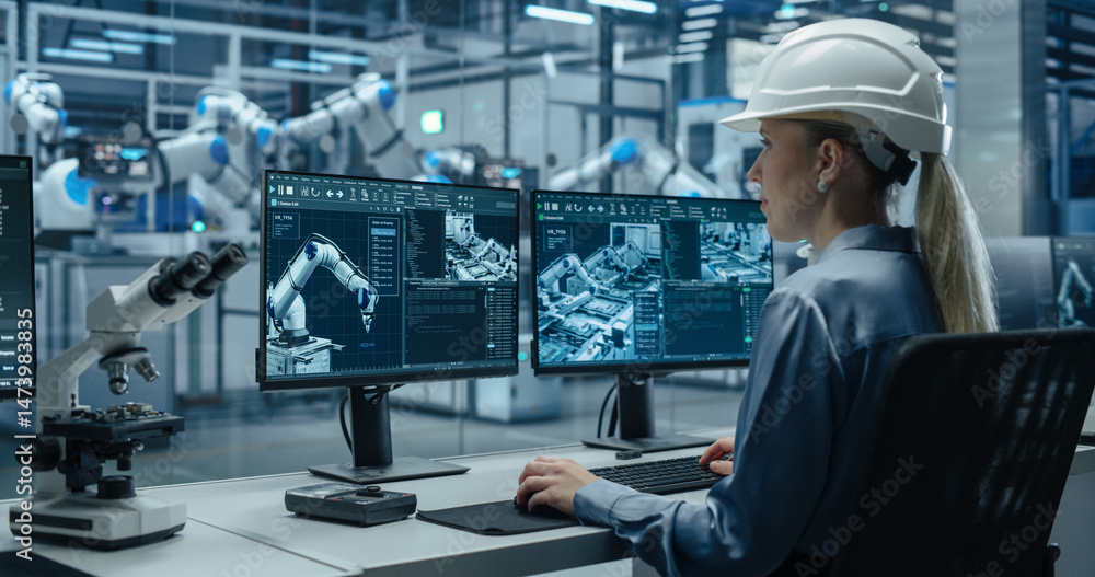Leinwandbilder Female Technician Working in a Modern Product Development Factory, Using Industrial Computer Software on Display, Monitoring Electronics Production Line with Robotic Arms. Over the Shoulder Shot