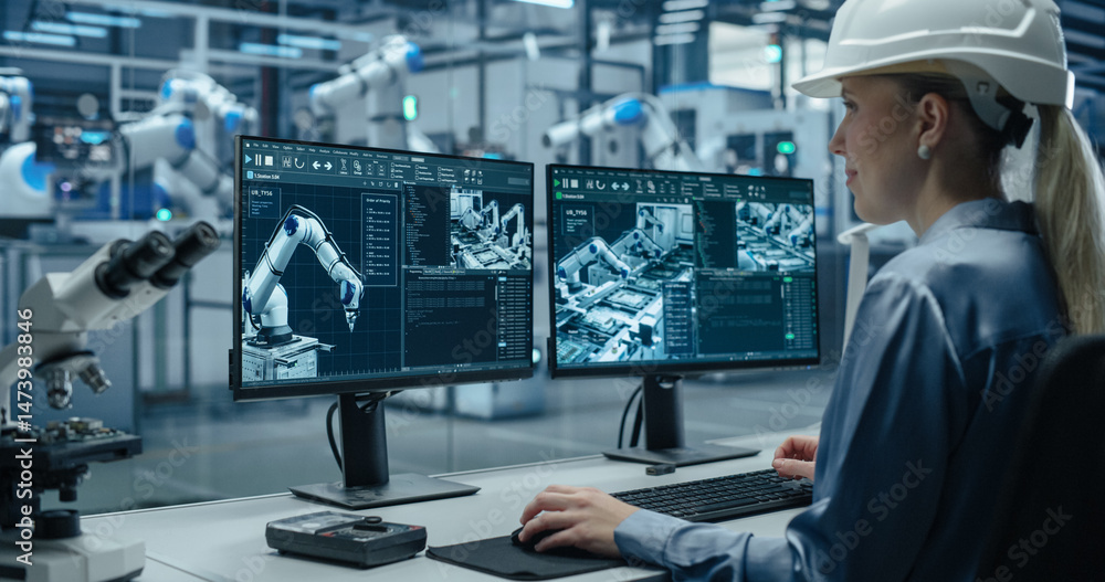 Leinwandbilder Female Industrial Engineer Working Behind a Desk in a Modern Manufacturing Facility with Automated Robotic Arms. Specialist Monitoring Circuit Board Assembly Line and Optimizing Production Output