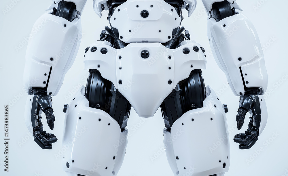 Poster futuristic humanoid robot in white armor-like casing standing upright in a minimalistic setting.