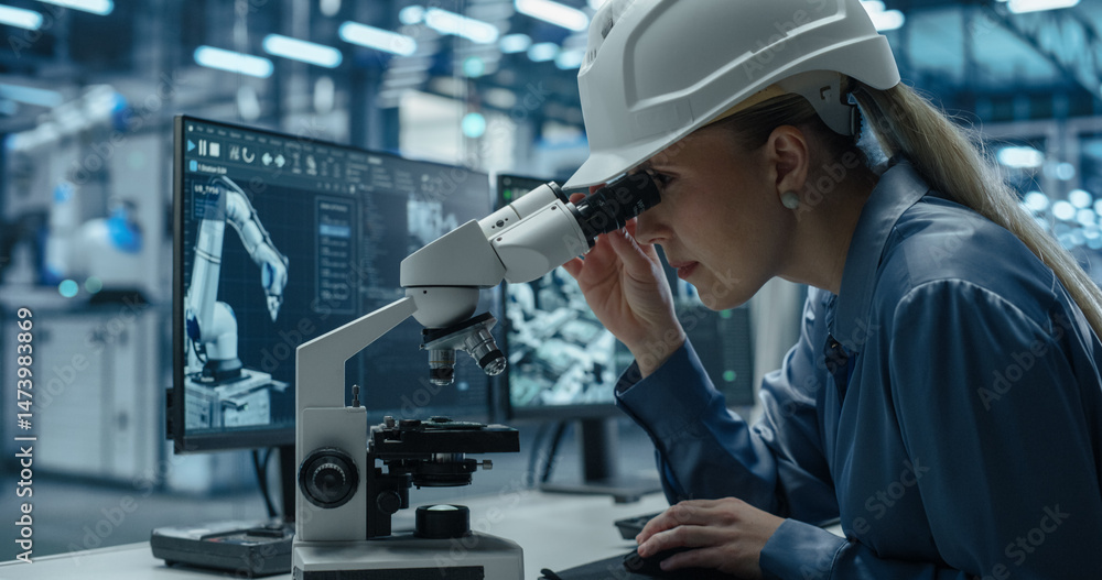 Poster Female Technician in a Hard Hat Working in a Modern Product Development Factory, Using a Microscope and Industrial Computer Software, Inspecting Electronics Products Made with Robotic Arms