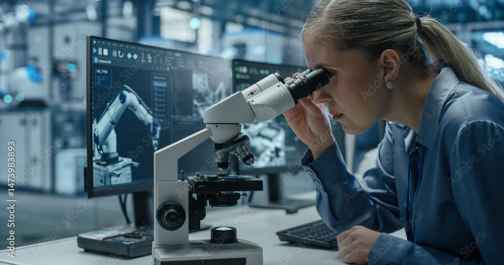 Poster Female Engineer Sitting Behind a Desk in an Electronics Manufacturing Facility, Inspecting High Tech Equipment Under a Microscope and Using Desktop Computer with Dual Screens to Optimize Production